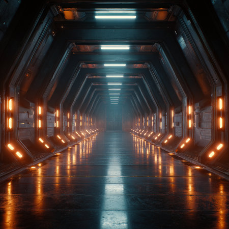 Futuristic dark corridor with glowing lights. 3D Renderingの素材