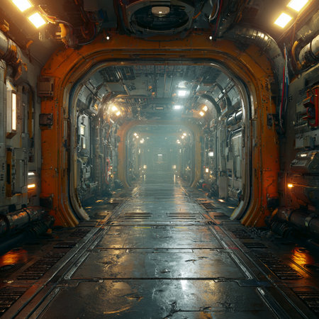 Interior of an old submarine. 3d rendering toned imageの素材