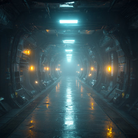 Futuristic corridor with glowing lights and reflections. 3d renderingの素材