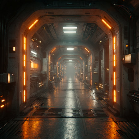 3d rendering of an empty corridor in a science fiction space stationの素材