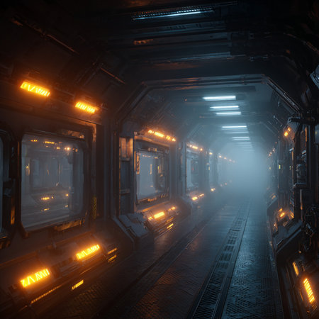 Futuristic corridor with glowing lights and smoke. 3D renderingの素材