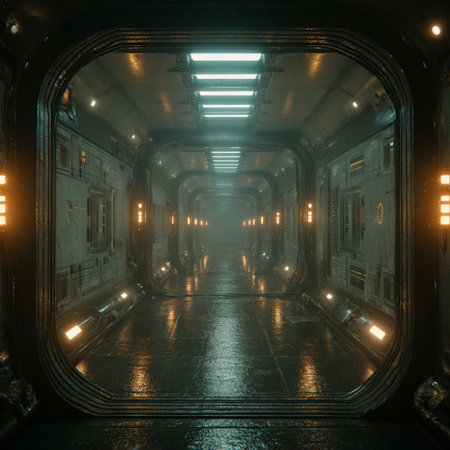 Futuristic corridor with glowing lights. 3D Rendering.の素材