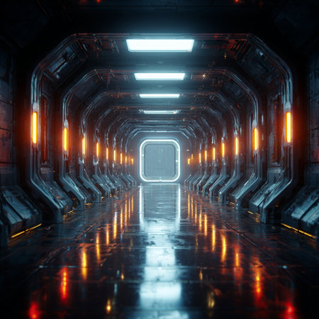 Futuristic scifi tunnel corridor with glowing lights 3D renderingの素材