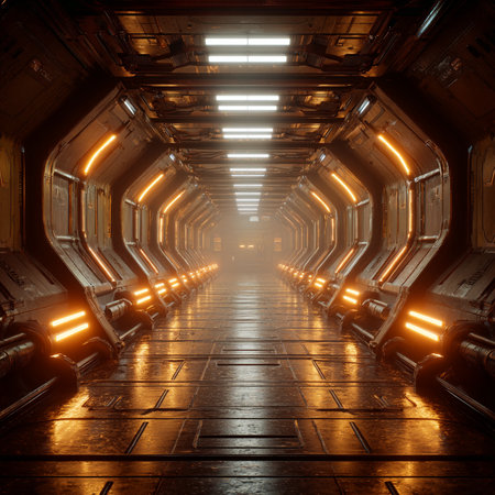 Futuristic spaceship corridor with glowing lights. 3D Renderingの素材