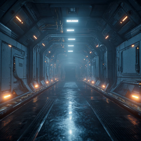 Futuristic dark corridor with glowing lights and reflections 3d renderingの素材