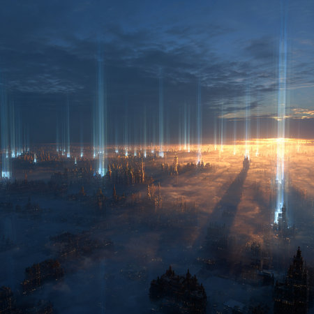 Futuristic city in the fog at night. 3D renderingの素材