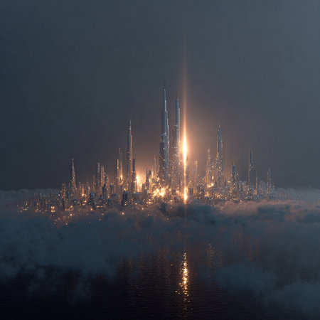 Futuristic city in a foggy misty morning. 3d renderingの素材