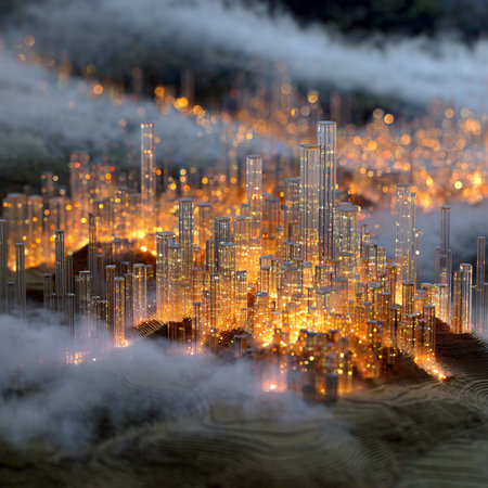 3D illustration of a city in the fog. 3D renderingの素材