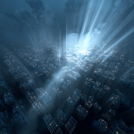 Fractal image of a futuristic city with rays of light.の素材