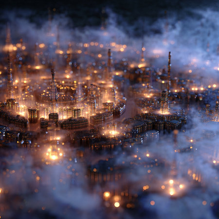 City at night with fog. 3D rendering. Computer digital drawing.の素材