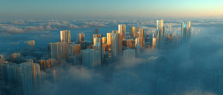 3D rendering of a futuristic city with skyscrapers and cloudsの素材