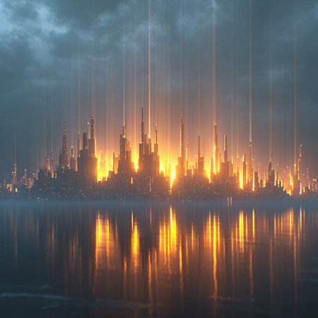 Futuristic city with glowing skyscrapers. 3D renderingの素材