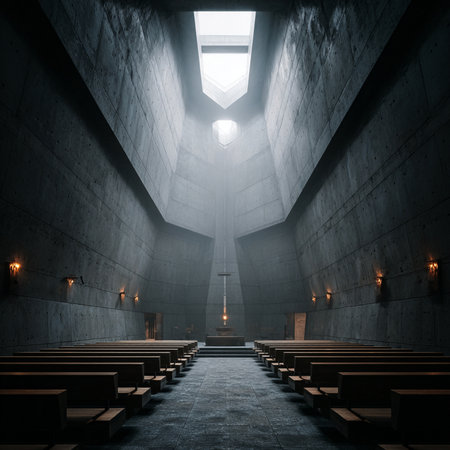 Interior of a church with light coming from the ceiling. 3D renderingの素材