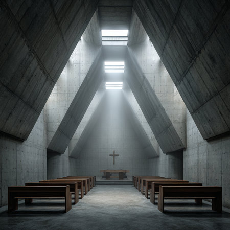 Concrete church interior with a cross and benches. 3d renderingの素材