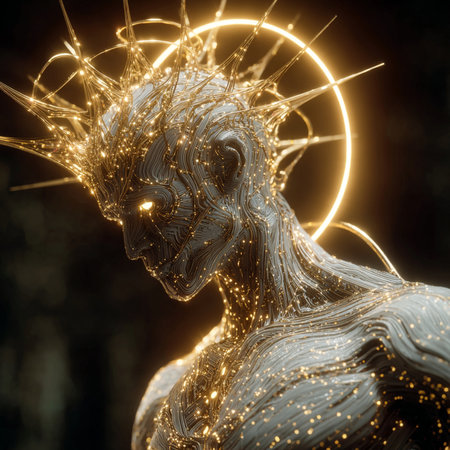 3d rendering of a cyber woman with glowing lights on her headの素材