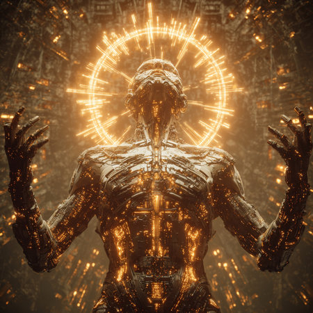 Cyborg man with glowing light on his head. 3D renderingの素材