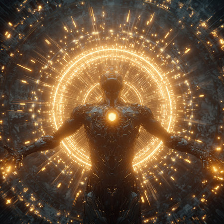 3d render of a man with an eye in front of a luminous backgroundの素材