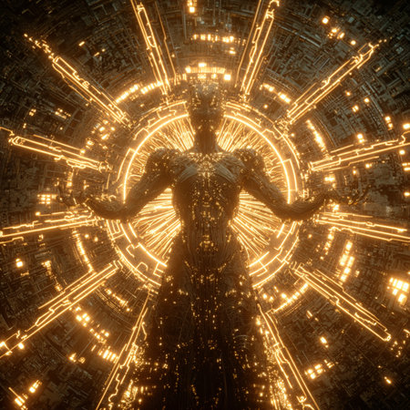 3D rendering of a female statue in a futuristic space tunnel.の素材