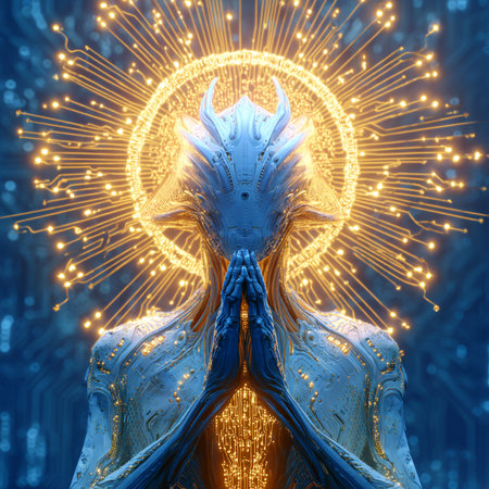 3d rendering of a cyber woman with a glowing brain on her head.の素材