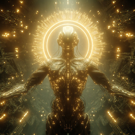 3d illustration of a female cyborg with glowing lights in the backgroundの素材