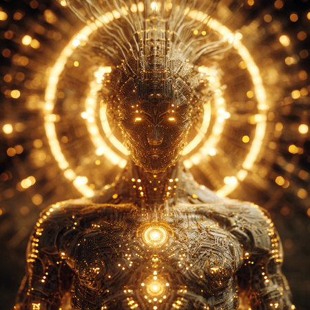 Artificial intelligence concept. Futuristic cyborg man with glowing light bulb.の素材