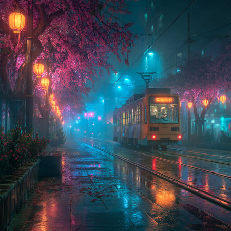Tram on the street in the fog at night, Istanbul, Turkeyの素材