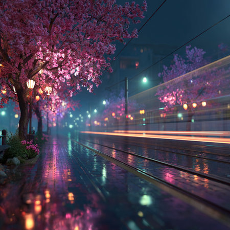 Cherry blossoms in the city at night. 3d renderingの素材