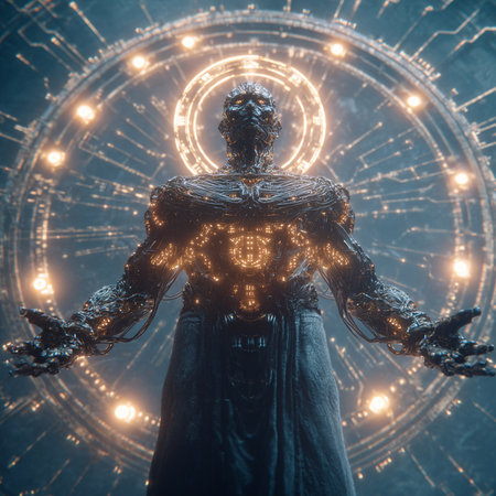 3d render. Futuristic statue of a man in a dark space.の素材