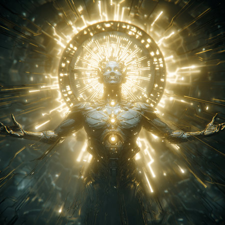 3D rendering of a cyber woman in futuristic space with glowing lightsの素材