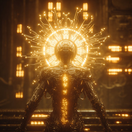 3d rendering of a robot with a glowing brain on a dark backgroundの素材