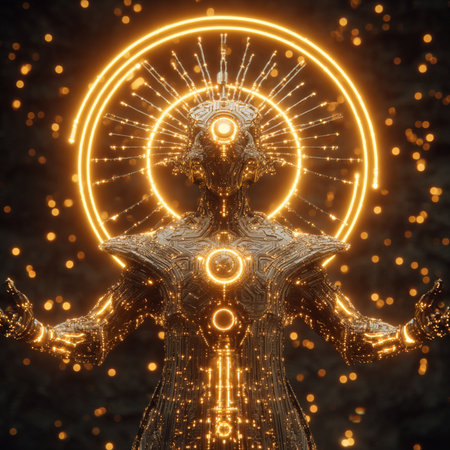 3D illustration of a female robot with a luminous circle in the form of an eyeの素材