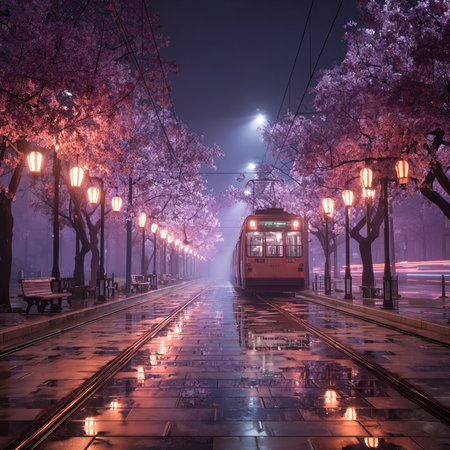 Cherry blossoms and tram at night in Hanoi, Vietnamの素材