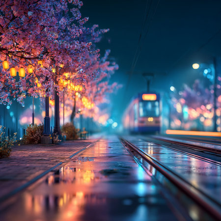 Cherry blossoms and tram at night in Paris, France.の素材