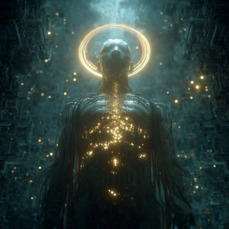 3d rendering of a golden buddha with glowing lights insideの素材