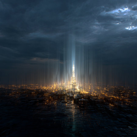 Futuristic city with light rays in the dark. 3D renderingの素材