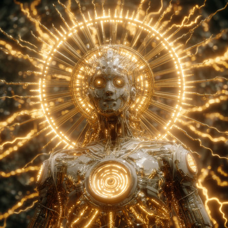 3d rendering of a female robot with glowing lights around her headの素材