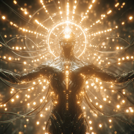 3D rendering of a female figure with glowing light strands in the backgroundの素材