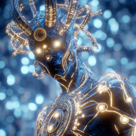 3d rendering of a female robot with glowing lights in the backgroundの素材