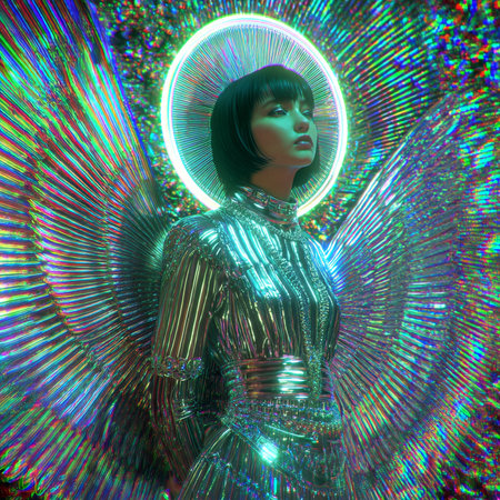 3d illustration of a beautiful woman in a shiny silver dress with neon lightsの素材