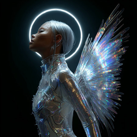 3d rendering of a female cyborg with glowing wings on black backgroundの素材