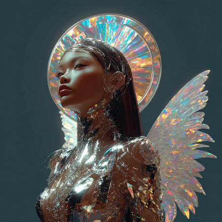 3d illustration of a beautiful woman with wings and crystal ball.の素材