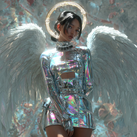 3D rendering of a female angel with white wings and metallic armorの素材