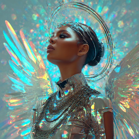 Fashion portrait of a beautiful young woman in silver dress and hat with angel wingsの素材