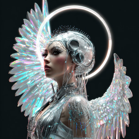 3d illustration of a beautiful girl with angel wings and glowing lightsの素材
