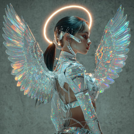 3d rendering of a female cyborg with wings and armor.の素材