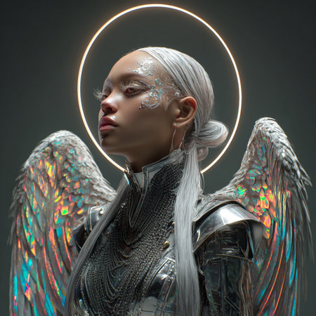 3d illustration of a female knight with wings and a ring around her headの素材