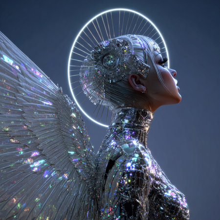 3D rendering of a female robot with glass wings and glowing lightsの素材