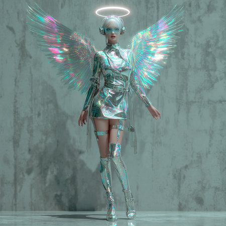 3d rendering of a female robot with wings and neon lights.の素材