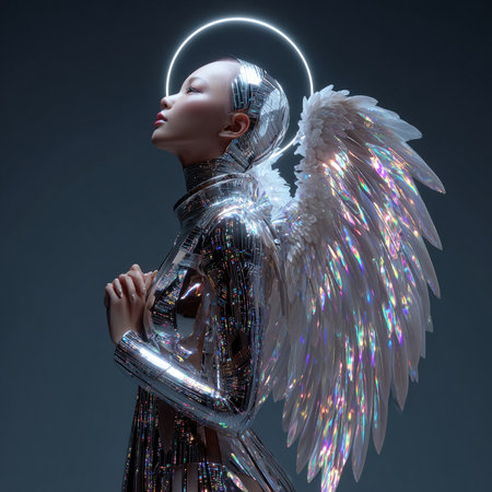 3D rendering of a female robot with wings and glowing lights.の素材