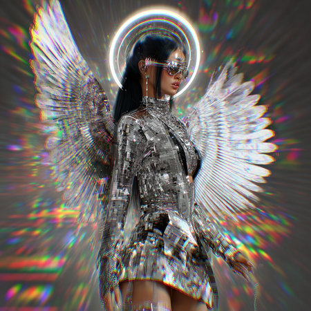 3D Illustration of a beautiful woman in futuristic costume with wingsの素材